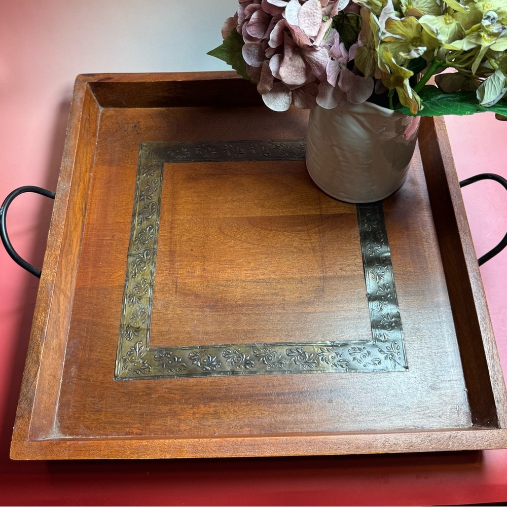World Market Passport to India Solid Wood Tray, Cast Iron Handles - tin border